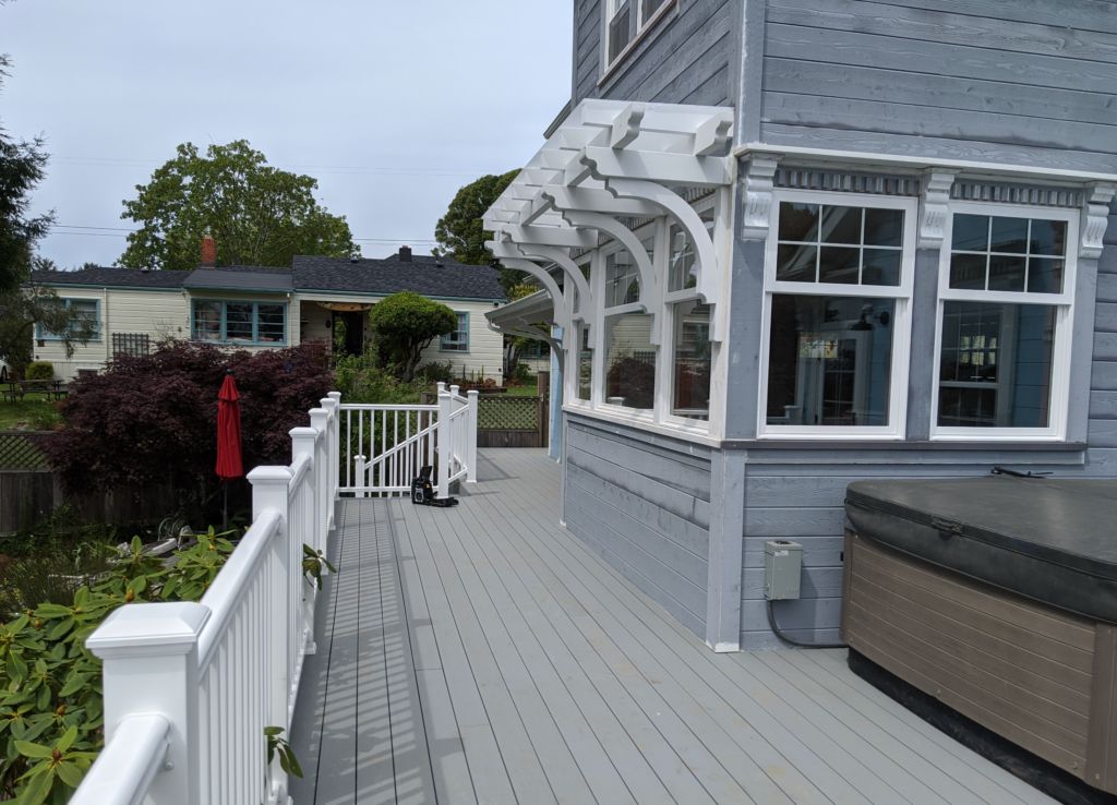 A closer view of the exterior addition for the Victorian Remodel, highlighting the expertly created wooden awning pieces matching the details of the original house.
