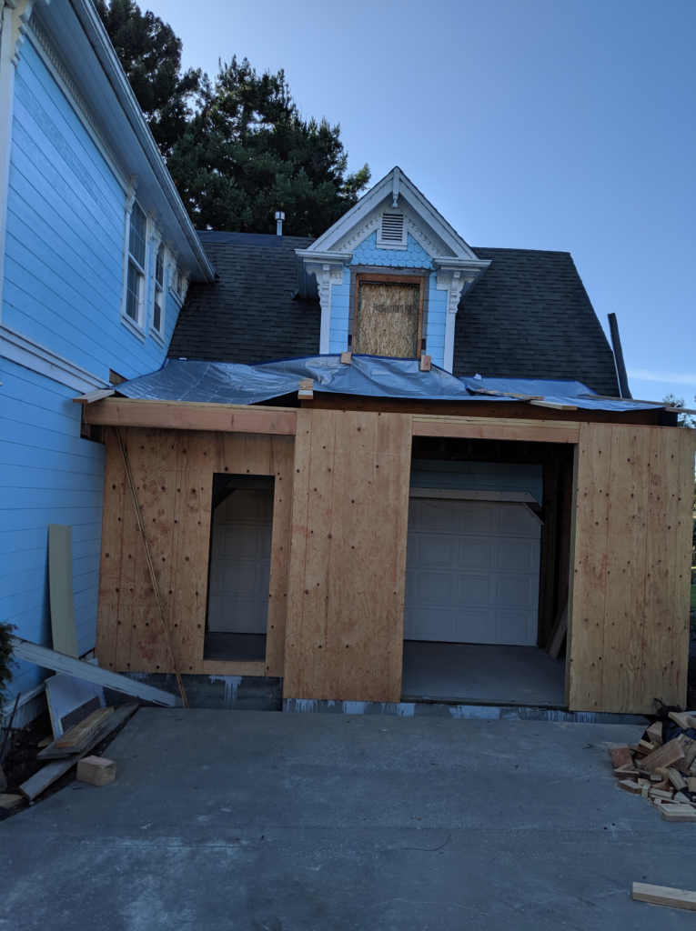 Exterior view of the Victorian Remodel addition room being framed and prepped for fresh construction.