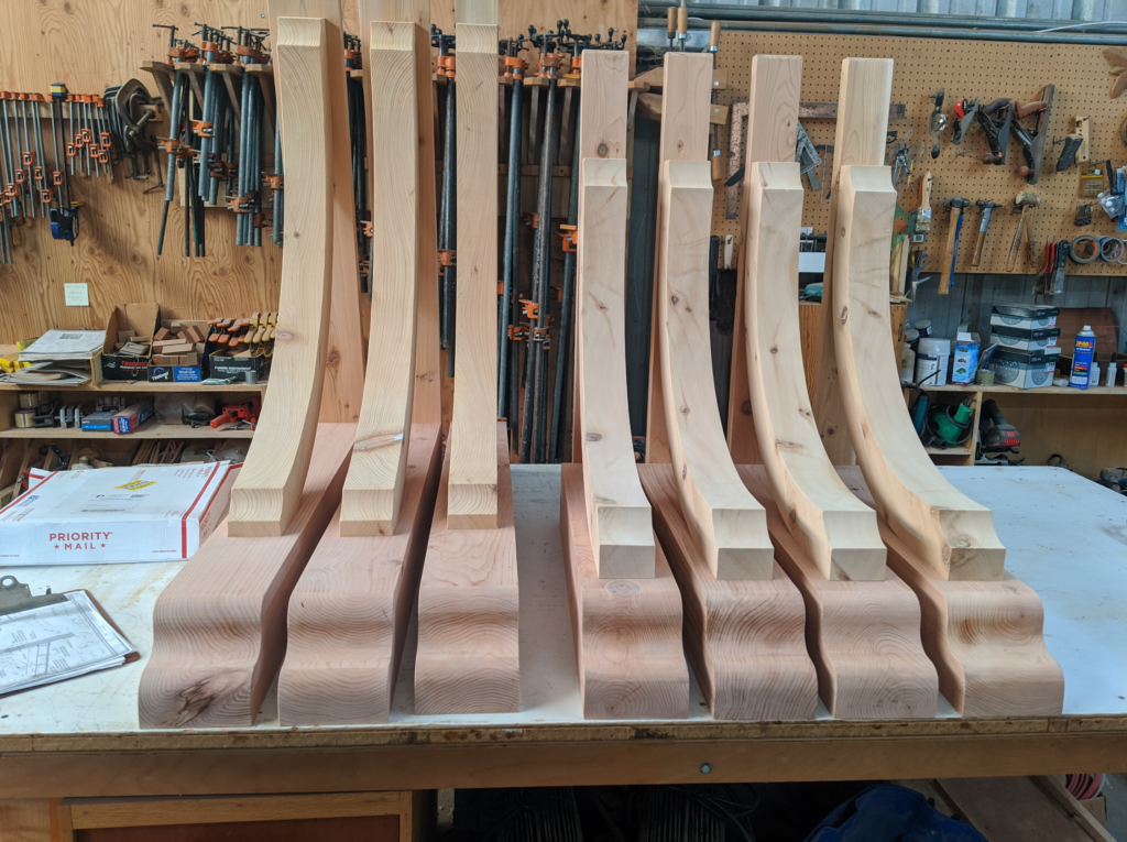 Handmade wooden awning pieces designed to match existing parts on the outside of the Victorian House Remodel